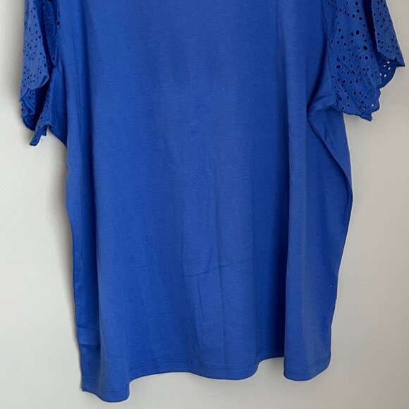 Periwinkle Blue QUACKER FACTORY Eyelet Ruffle Sleeves Rhinestone Floral 1X NWT - Picture 4 of 4